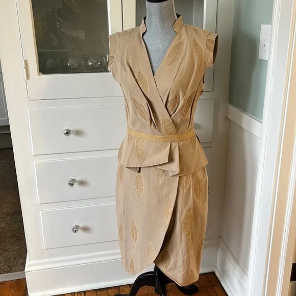 bill blass | Dresses | Bill Blass New York Gold Leaf Beige Summer Dress W  Angular Sleeves Wrap Style | Poshmark